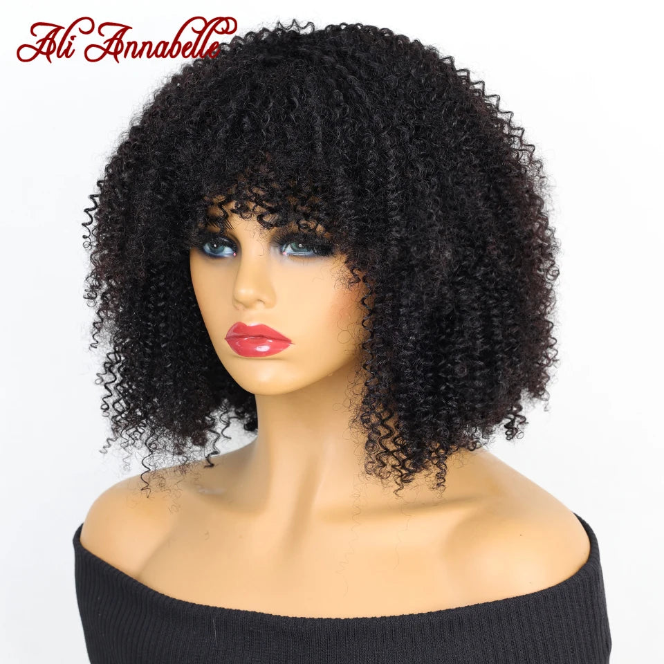 ALI ANNABELLE HAIR Curly Wigs With Bangs For Black Women Machine Made Wigs Kinky Curly 180% Brazilian Natural Color No Lace Wigs