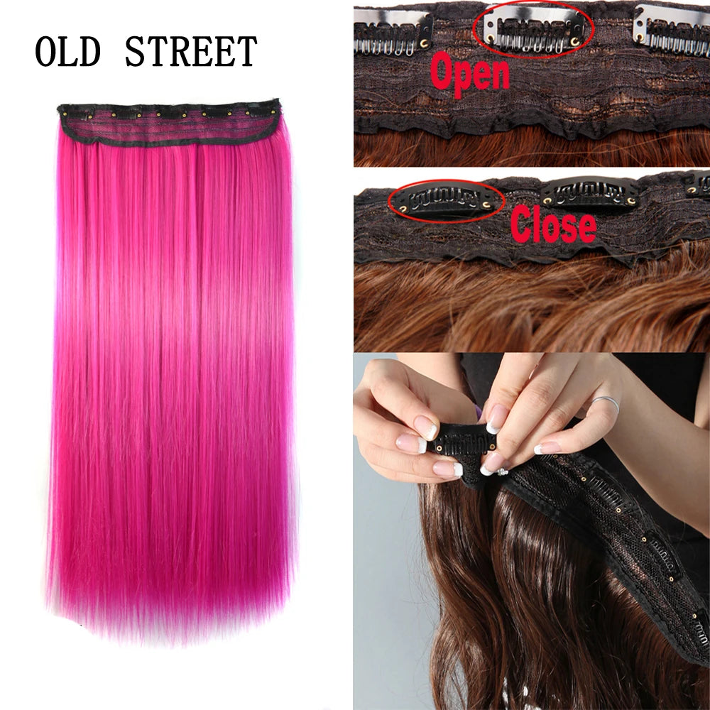 Synthetic Natural 5 Clip In Hair Extensions Fake Single Pink Straight False Hair Piece Hairstyle For Women 24inch