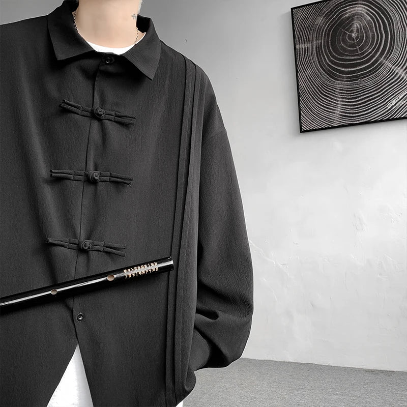 Men's Dial Buckle Solid Long Sleeve Shirt Chic Pleated Decor 2024 Spring New Loose Casual Traditional Chinese Style Clothing