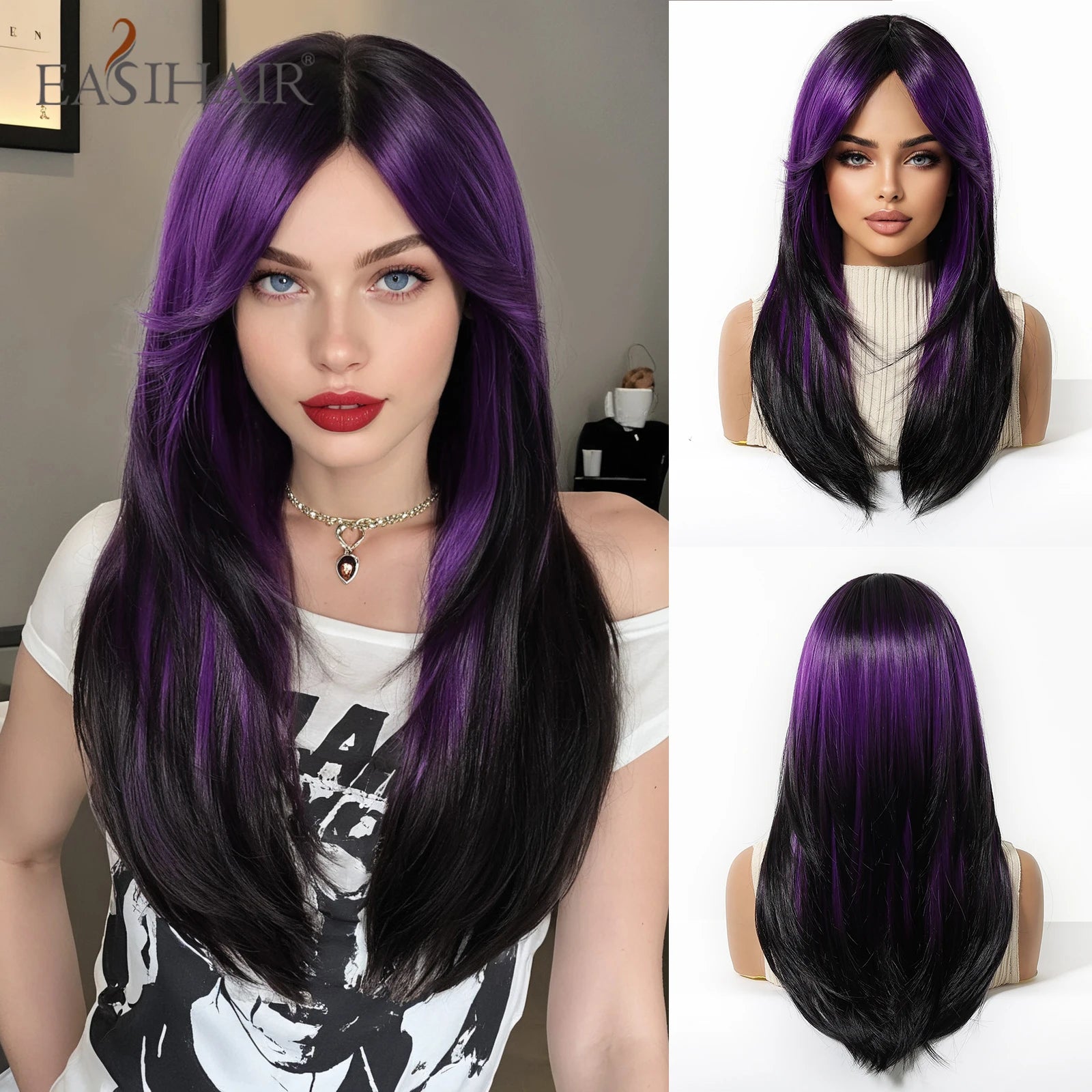 EASIHAIR Purple Synthetic Wigs for Women Long Straight Layered Hair Wigs With Side Bangs Ombre Purple Black Wigs Heat Resistant