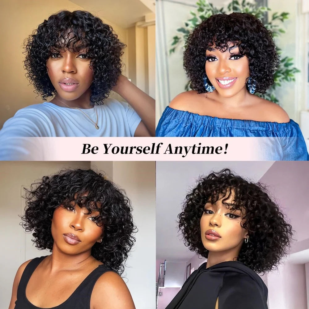 Curly Bob Wig With Bangs Short Bob Curly Wig for Women Natural Color Brazilian Human Hair Deep Wave Bob Wig With Bangs 16 Inch