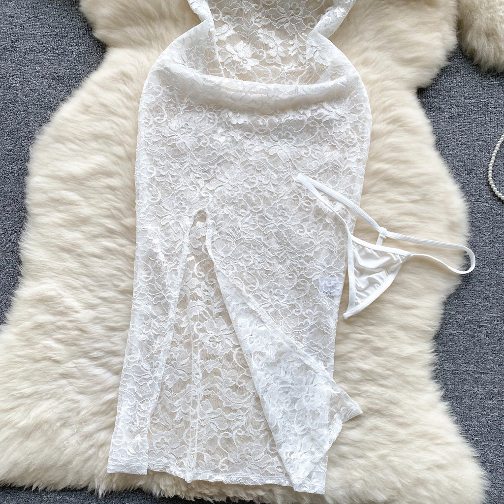 SINGREINY Summer France Sensual Night Dress Erotic Hollow Out Camis Lingerie Nightwear Women Split Slim Sheer Lace Pajamas Dress