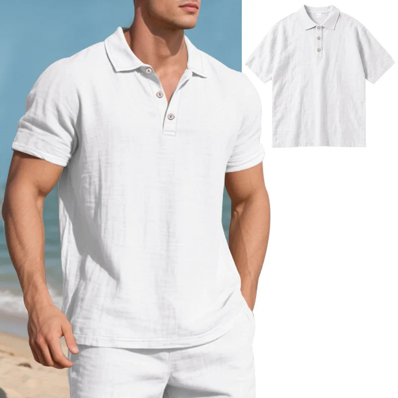 2025Summer New Men's Shirt British Style Loose Trendy Breathable Linen Casual Polo Collar Series POLO Shirt Short Sleeve