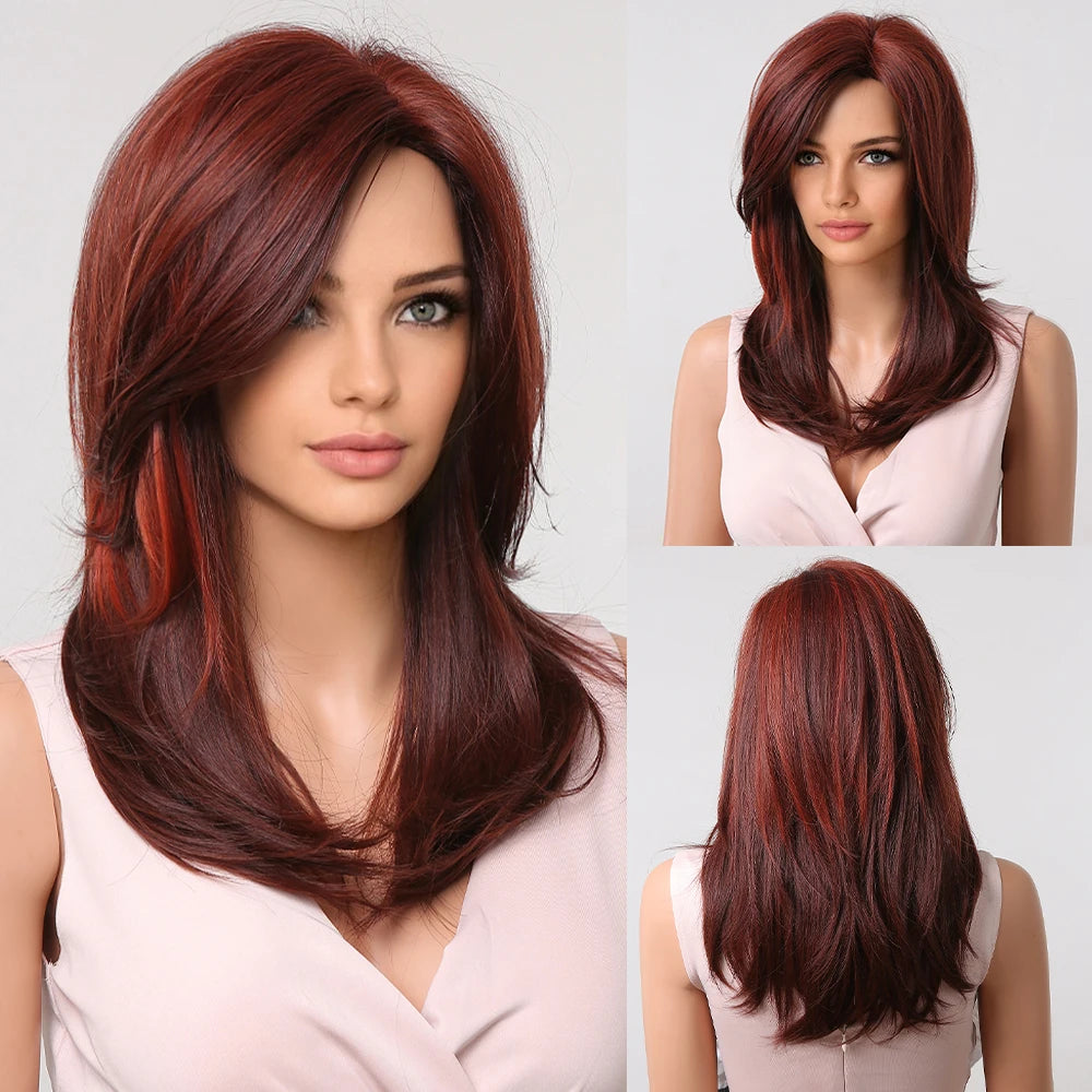 ALAN EATON Long Straight Layered Synthetic Wigs with Bangs Blonde Highlights on Brown Wigs for Black Women Afro Daily Party Hair