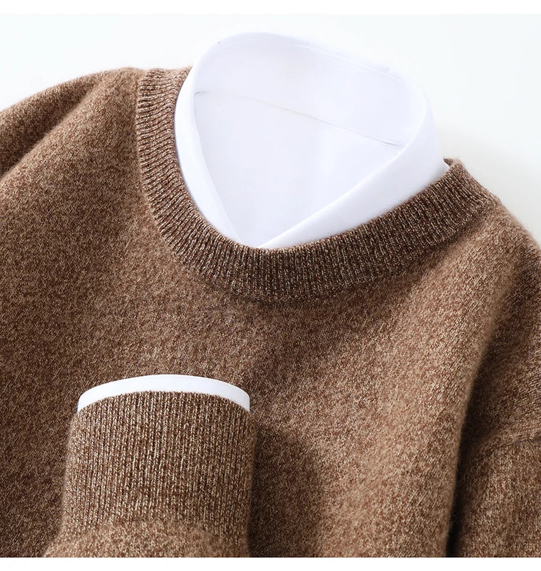 Autumn/Winter Men's 100% Pure Cashmere Pullover Business Casual Solid Knitted Sweater Loose Round Neck Tops Thick Warm Jumper