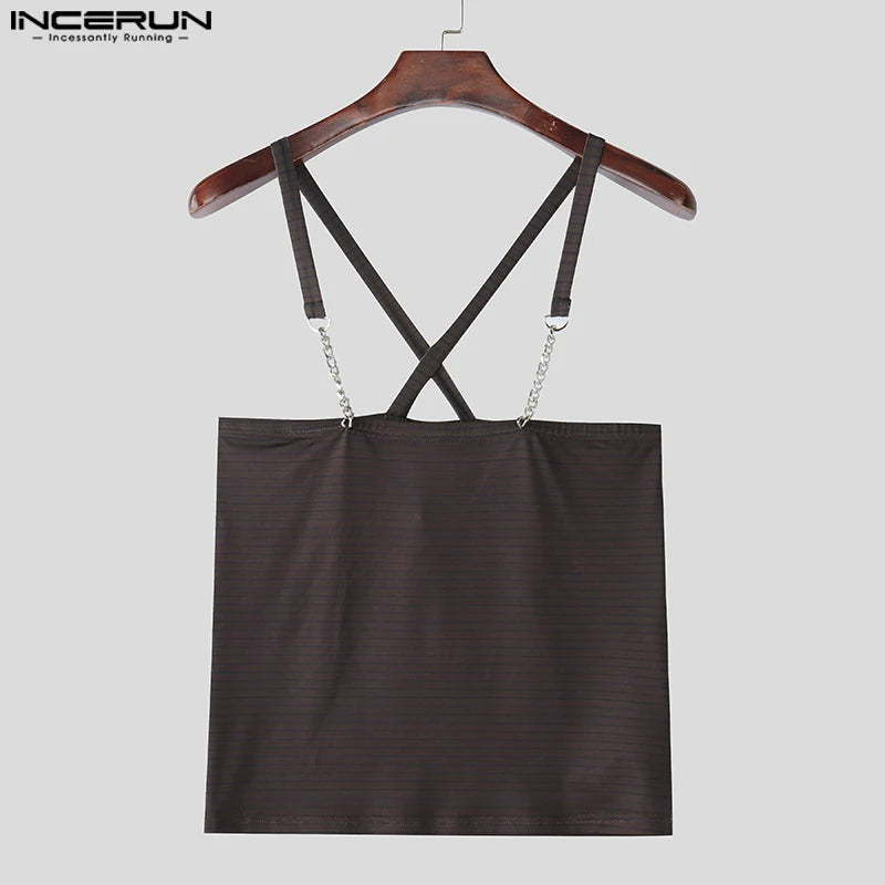 INCERUN Tops 2025 American Style Fashion New Men Striped Metal Strip Hanging Neck Vests Summer Sexy Casual Personality Tank Tops