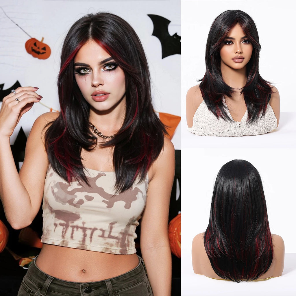 EASIHAIR Purple Synthetic Wigs for Women Long Straight Layered Hair Wigs With Side Bangs Ombre Purple Black Wigs Heat Resistant