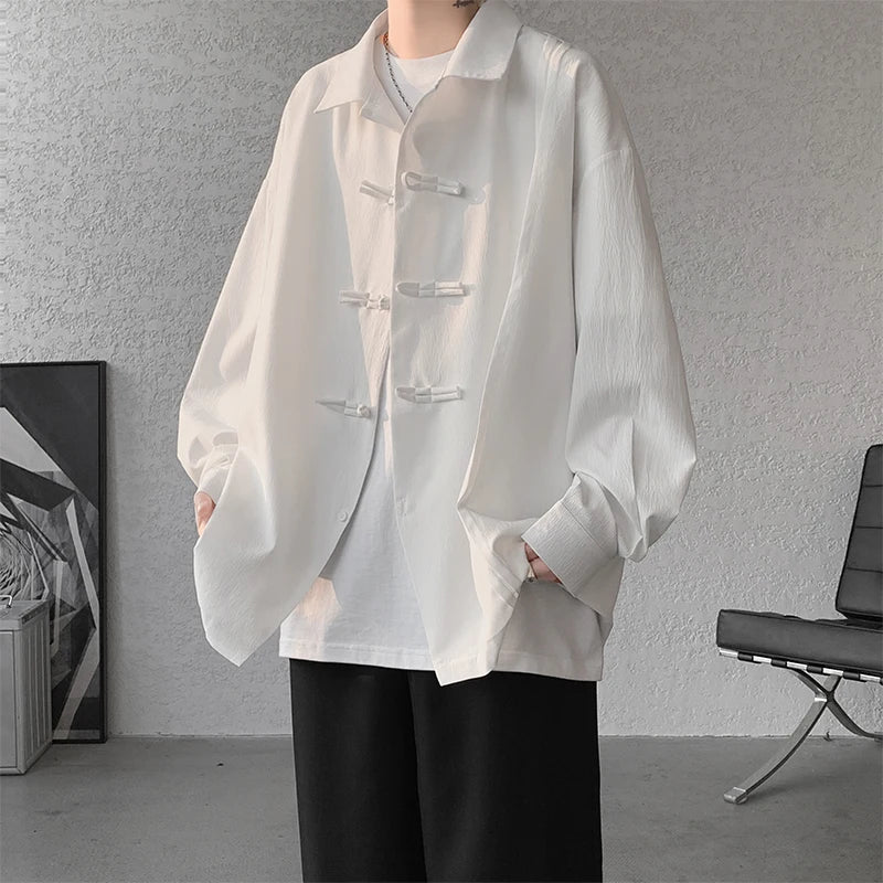 Men's Dial Buckle Solid Long Sleeve Shirt Chic Pleated Decor 2024 Spring New Loose Casual Traditional Chinese Style Clothing