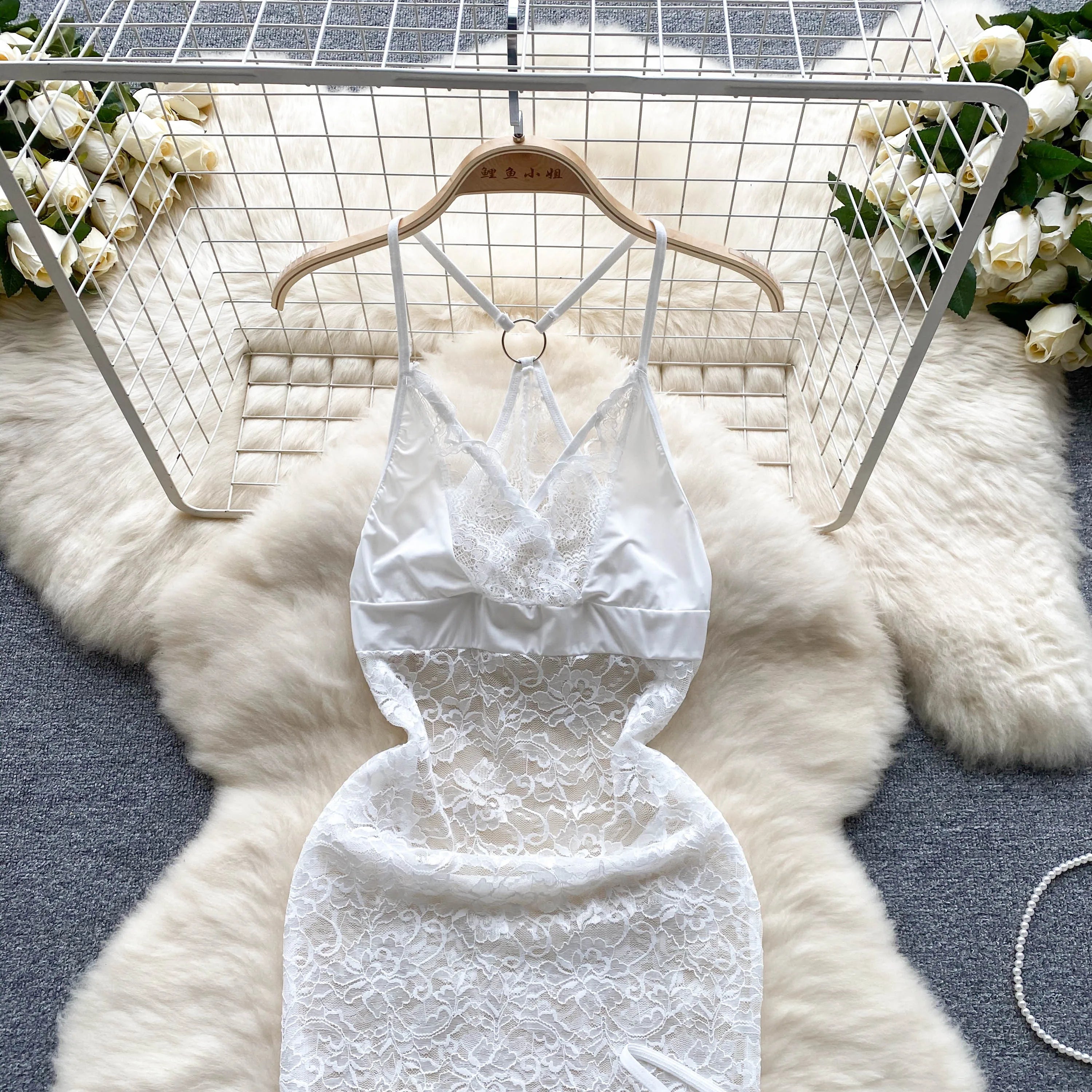 SINGREINY Summer France Sensual Night Dress Erotic Hollow Out Camis Lingerie Nightwear Women Split Slim Sheer Lace Pajamas Dress