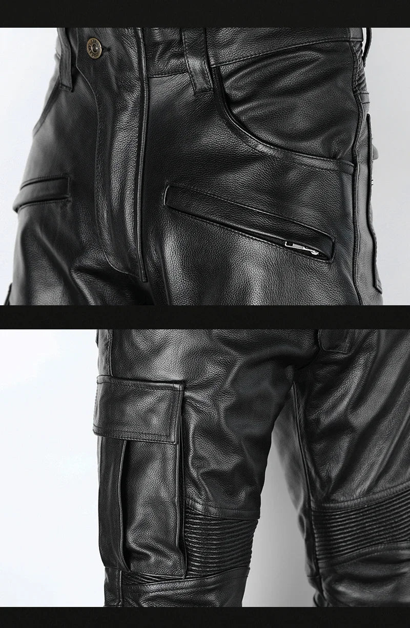Men's Autumn Winter Punk Slim Casual Long Trousers Retro Leather Motorcycle Street Pants Windproof Warm Cowhide Pencil Pant Male