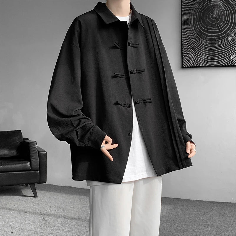 Men's Dial Buckle Solid Long Sleeve Shirt Chic Pleated Decor 2024 Spring New Loose Casual Traditional Chinese Style Clothing