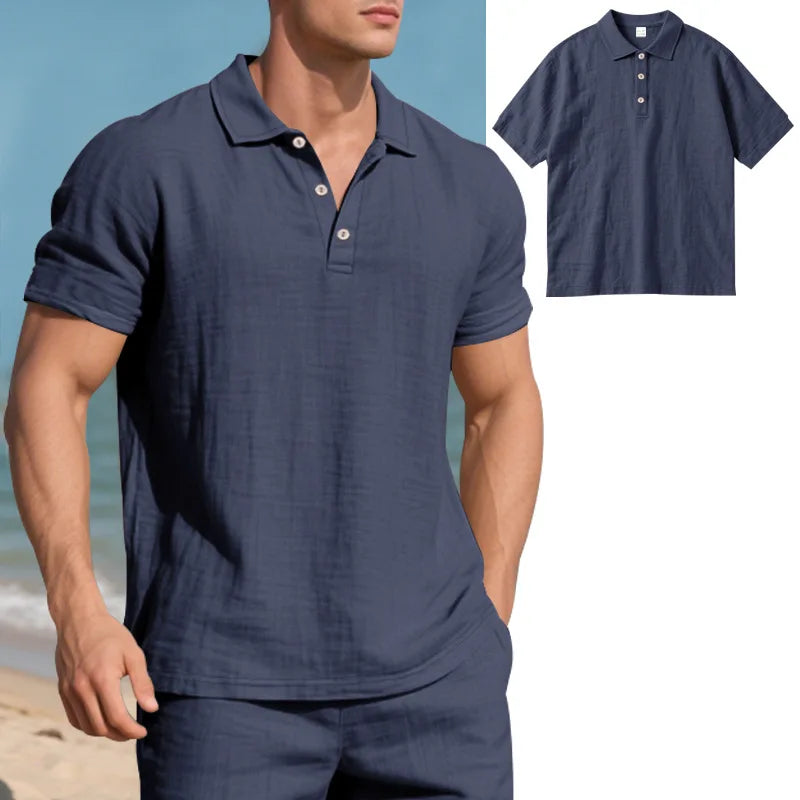 2025Summer New Men's Shirt British Style Loose Trendy Breathable Linen Casual Polo Collar Series POLO Shirt Short Sleeve