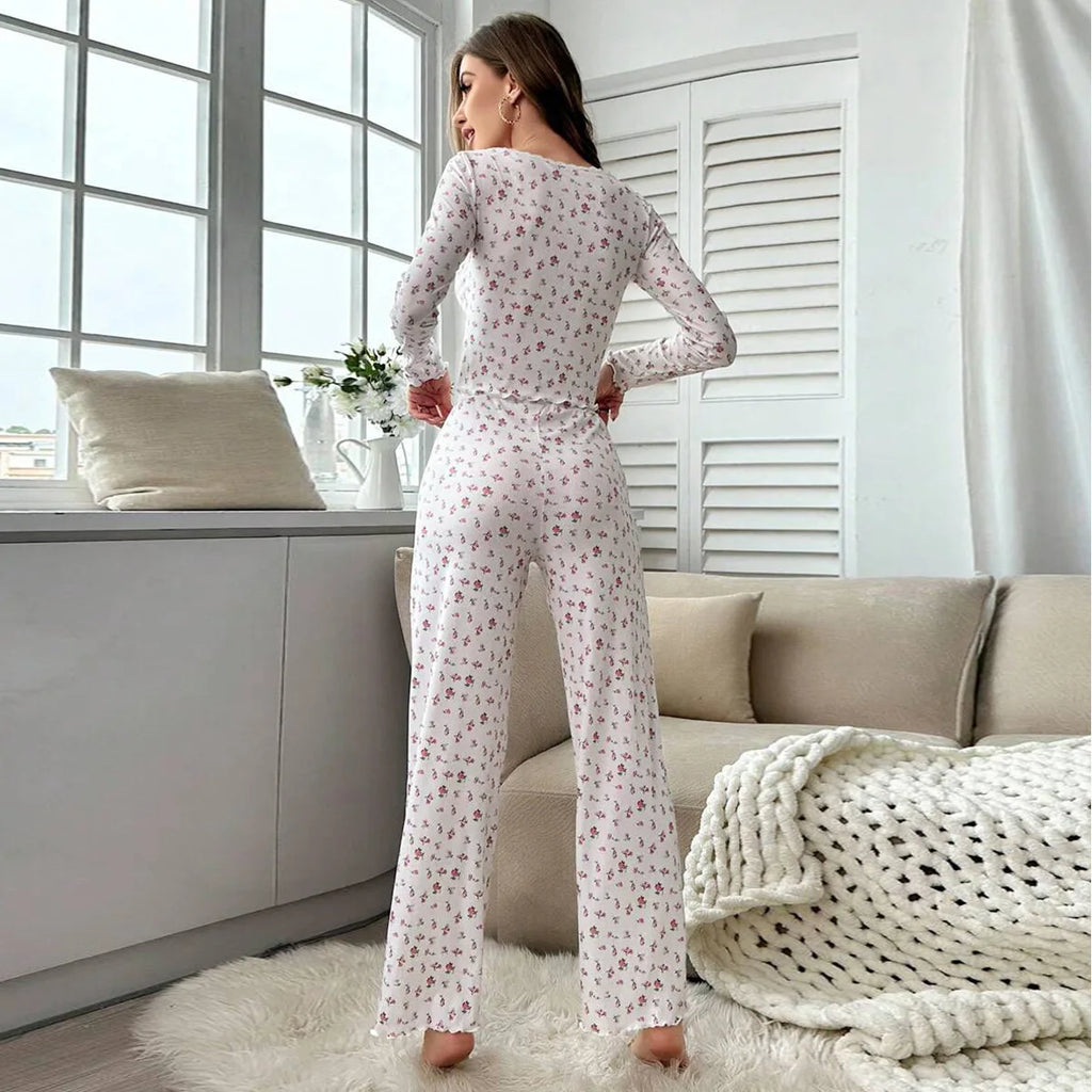 Spring Summer Women's Sleepwear Floral Print Lettuce Trim Pajamas Set Tops and Long Trousers Loungewear Nightwear