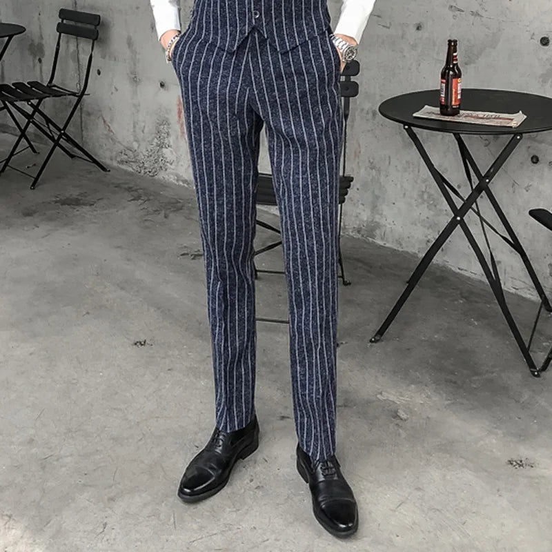 2025 New Burgundy Navy Plaid Casual Suit Pants for Men, Beige/Blue Vertical Stripe Non-Iron Slim Small Leg Work Trousers Men