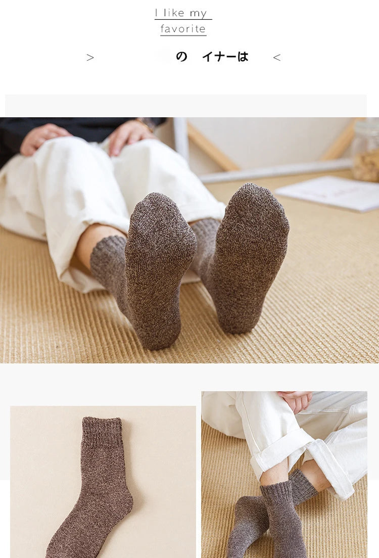 5 Pairs Winter Socks Men's Wool Warm Socks Thick Towel Mid-Calf Anti-Cold Snow Boots Socks Retro Solid Color Merino Terry Socks