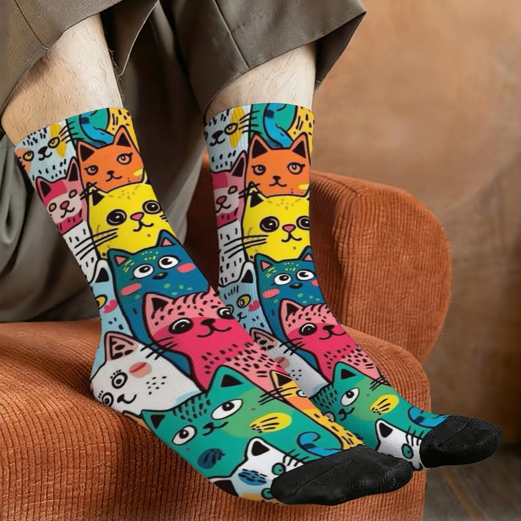 Cute Cartoon Cat Happy Men's Socks Harajuku Style Novelty Funny Hip-Hop Socks Comfortable Breathable Casual Sports Fashion Socks