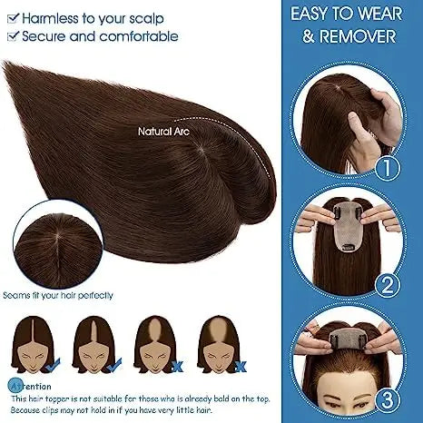 14 Inch Brown Silk Base Remy 100%Human Hair Toppers Clip-In Top Hairpiece for Women Natural Straight Hair Extensions