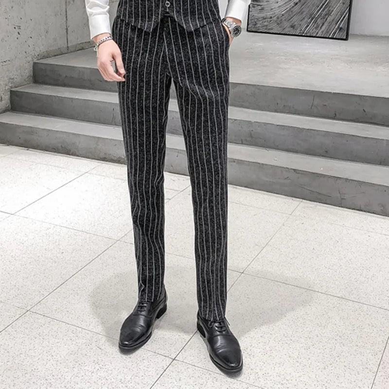2025 New Burgundy Navy Plaid Casual Suit Pants for Men, Beige/Blue Vertical Stripe Non-Iron Slim Small Leg Work Trousers Men
