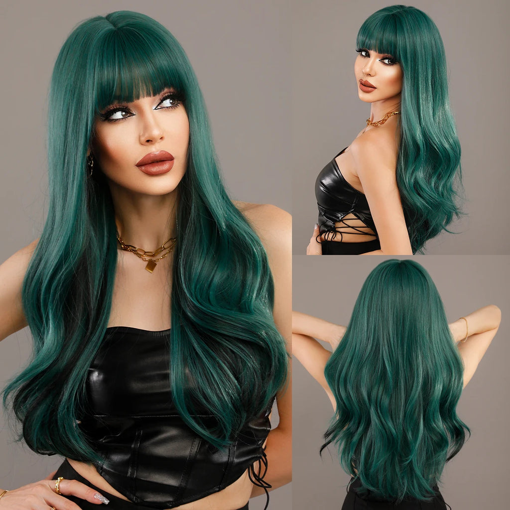 NAMM Long Wavy Ombre Black To Red Wig for Women Daily Cosplay Party Synthetic Lavender Hair Wig with Fluffy Bangs Heat Resistant
