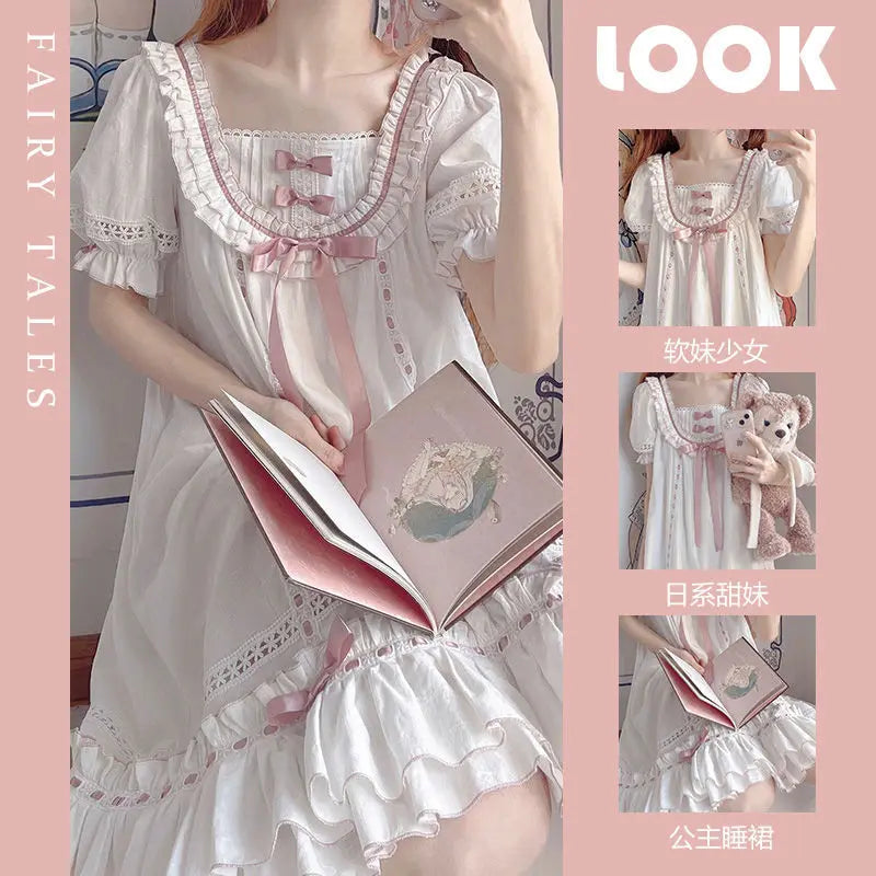 Sweet Nightdress Bowknot Lace Short Sleeve Ruffles Pajamas Women's Summer Kawaii Nightgowns Pajamas Soft Girls Casual Sleepwear
