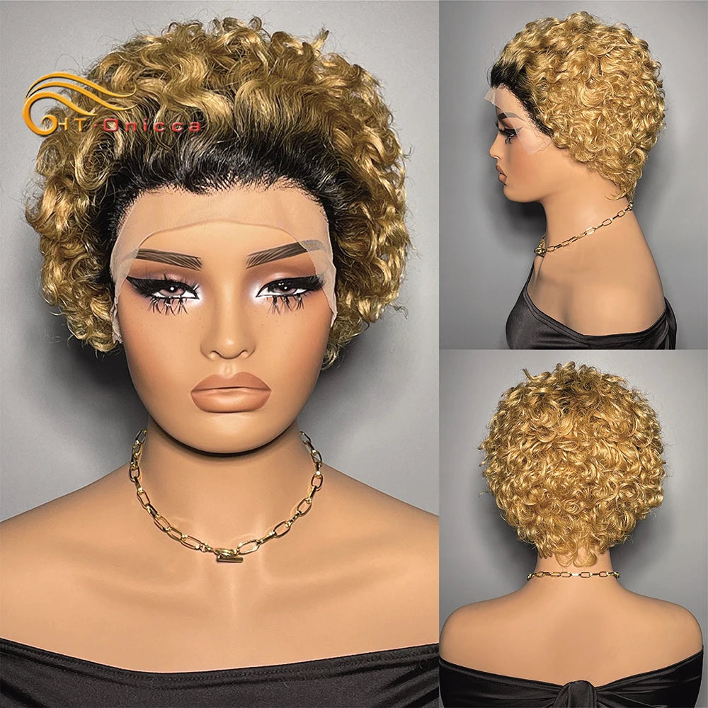 Curly Human Hair Wig Short Bob Pixie Cut Wig Human Hair For Women Brazilian Water Wave 13x1 Transparent Lace Wig
