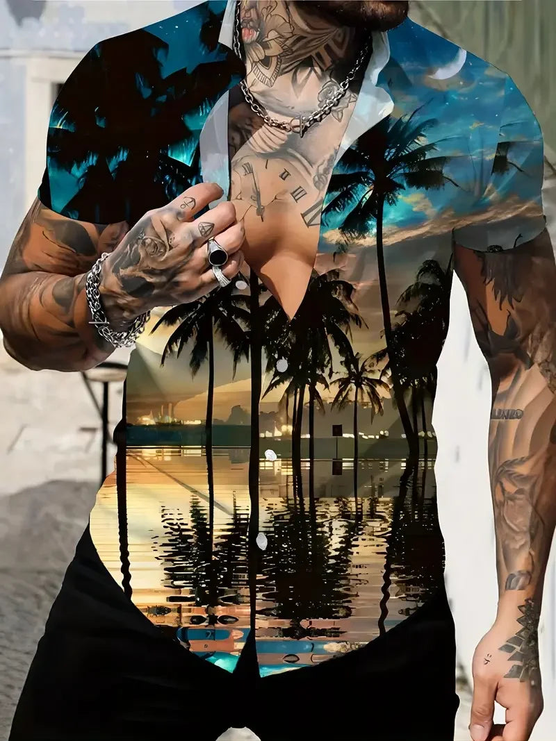 2024 Men's Fashion Short Sleeve Button Up Shirt - Flip Collar Summer Hawaiian Beach Shirt Comfortable High Quality Fabric