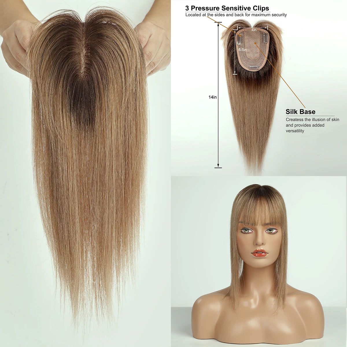 14 Inch Brown Silk Base Remy 100%Human Hair Toppers Clip-In Top Hairpiece for Women Natural Straight Hair Extensions