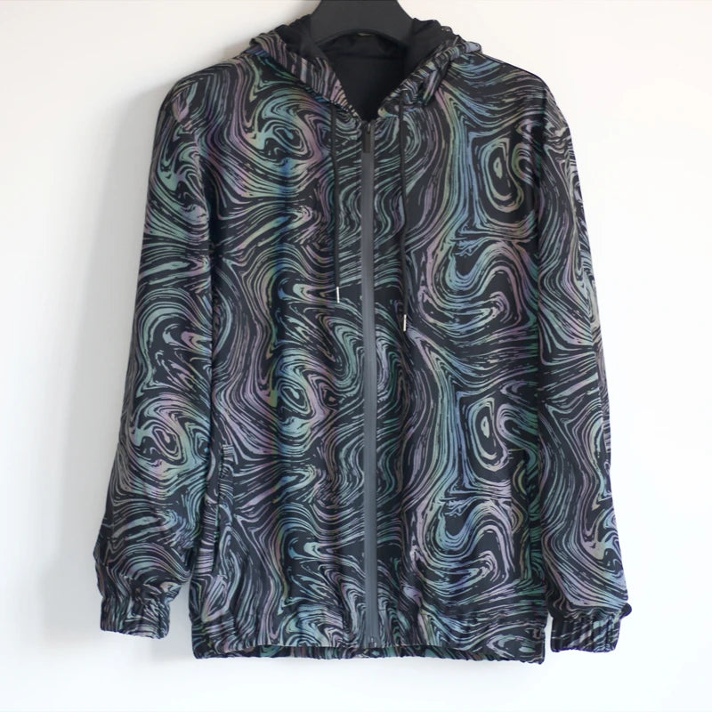 Drop shipping Holographic Reflective Jackets Men Techwear Night Walk Dance Hip Hop Breathable Hooded Coat Jaqueta Masculina