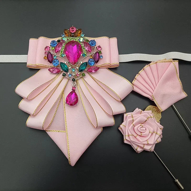 Vintage British Banquet Suit Shirt Collar Flowers Luxury French Men's Jewelry Bow Chest Clip 3-piece Set Wedding Bows Brooch Set