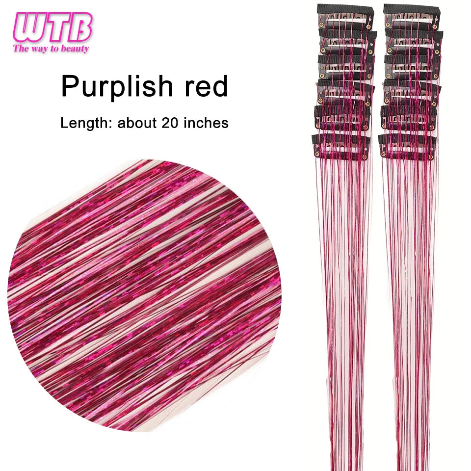 12Pcs Clip in Hair 20 Inch Synthetic Colorful Glitter Tinsel Hair Extension Fashion Party Christmas New Year Gift for Women Hair