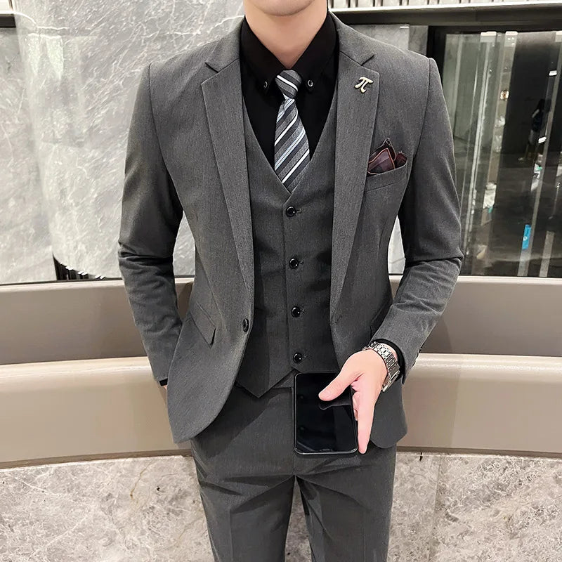 2025 Suit (blazer+vest+pants) Fashion Business Casual Hosts The Korean Version of The British Style Slim Gentleman Wedding
