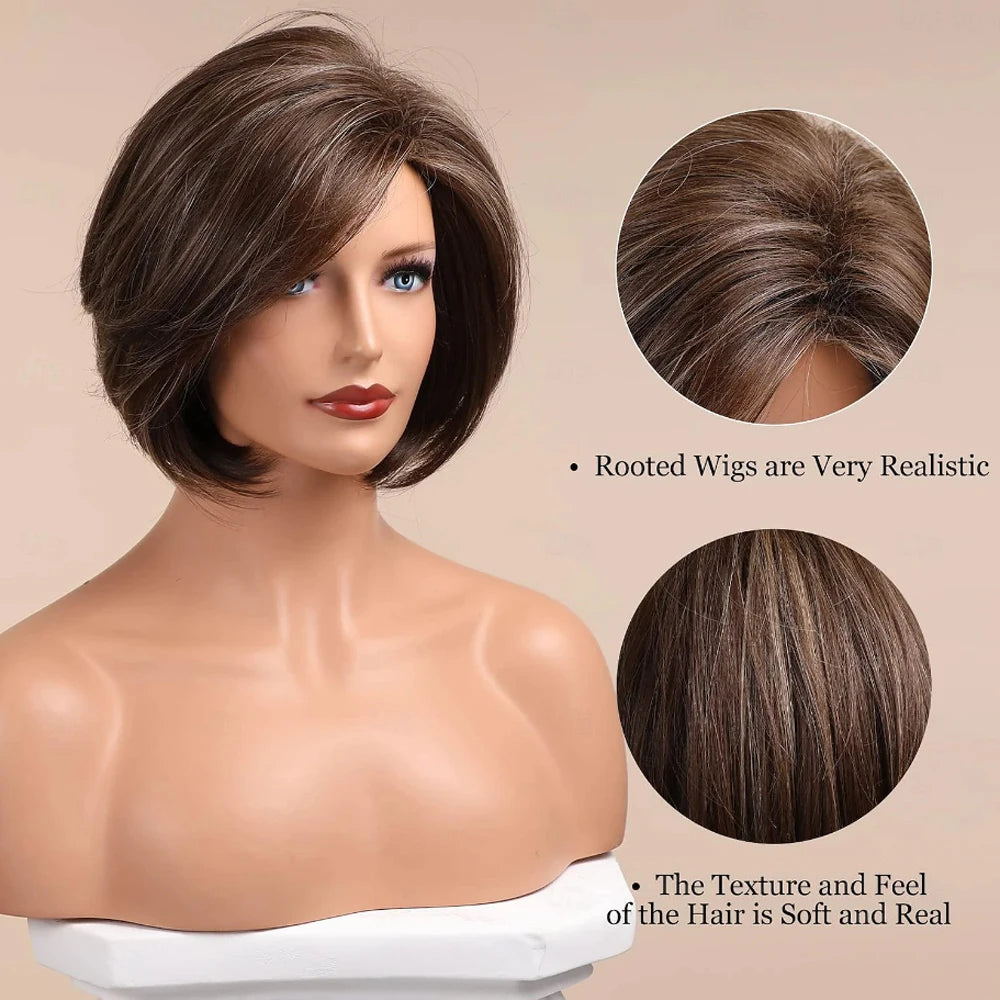 HAIRJOY  Synthetic Hair Brown Bob Wig Short Hair Wigs for Women Highlight Mixed Blonde Heat Resistant Fibre Synthetic Wig