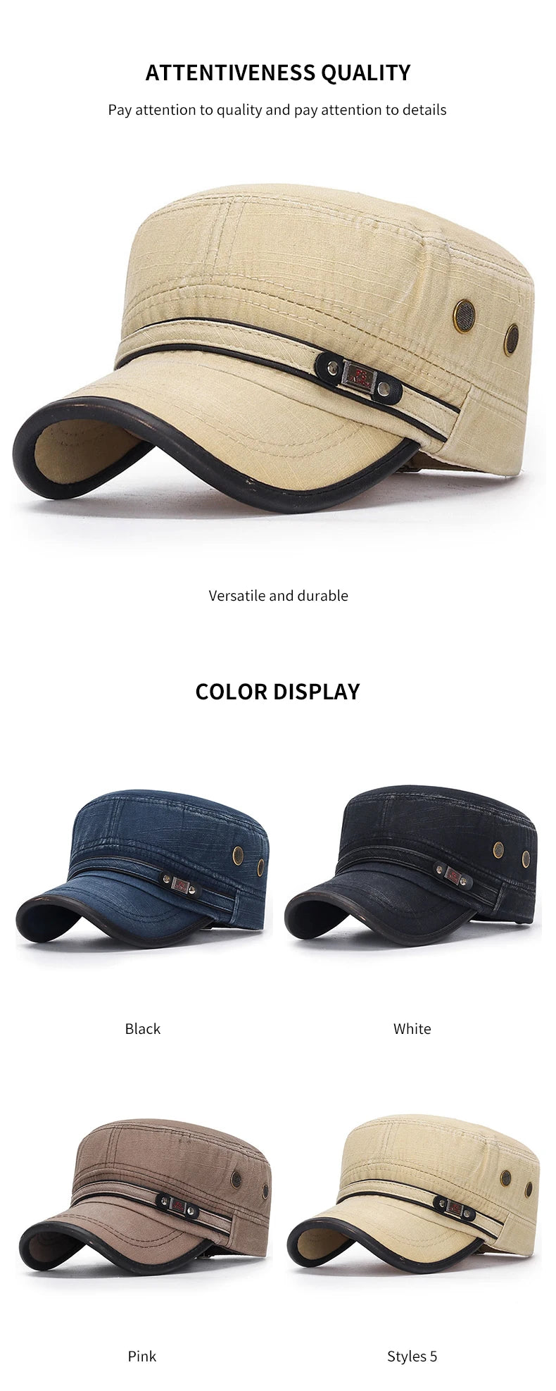 Unisex Baseball Cap Vintage Cadet Top Cap Washed Cotton Fashion Adjustable Flat Top Hat for Men Women