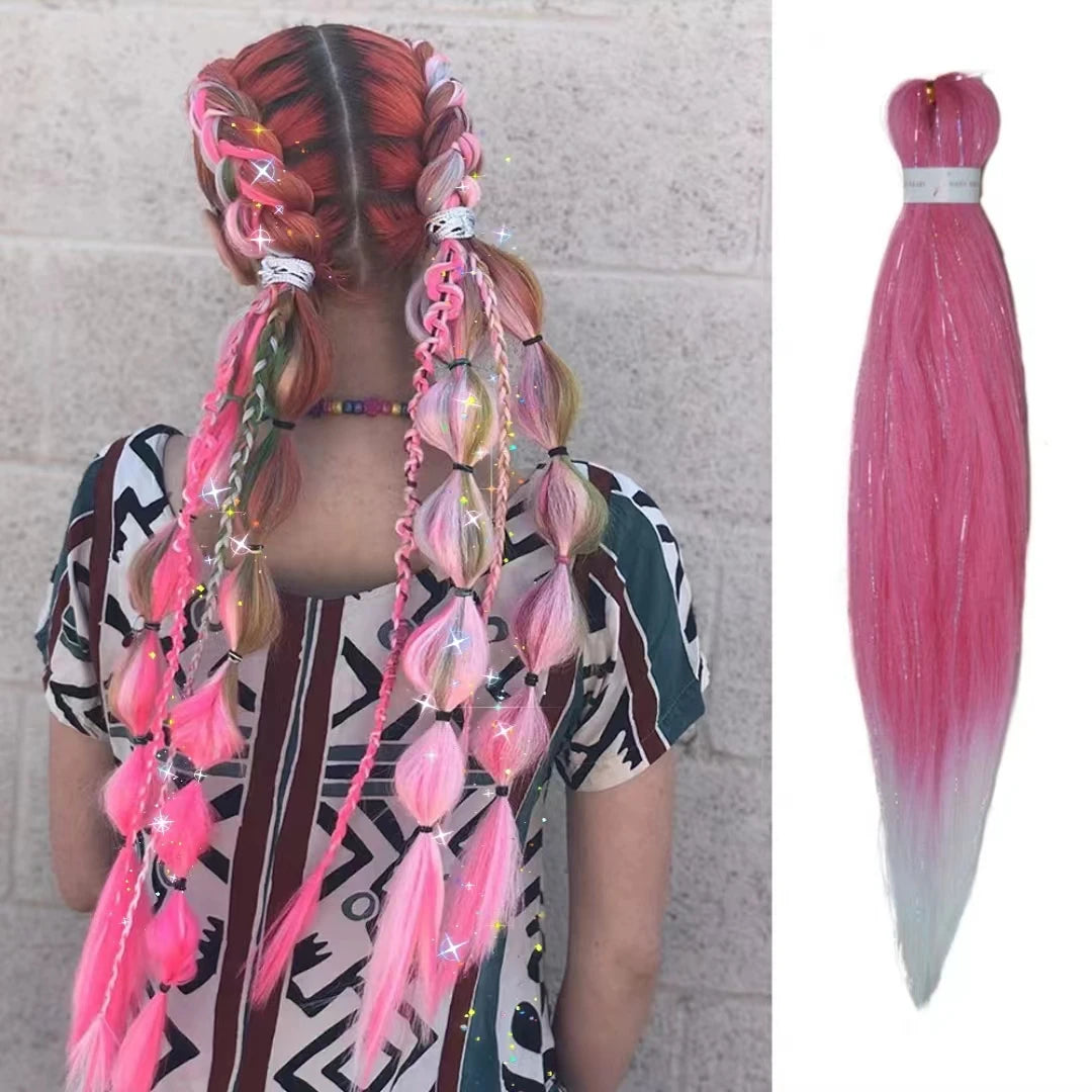 Dard Red White 3 Tones Ombre Straight Braids Blend Hair Tinsel Festival Rave Hair Extensions for Girls Crazy Hair Day Braids