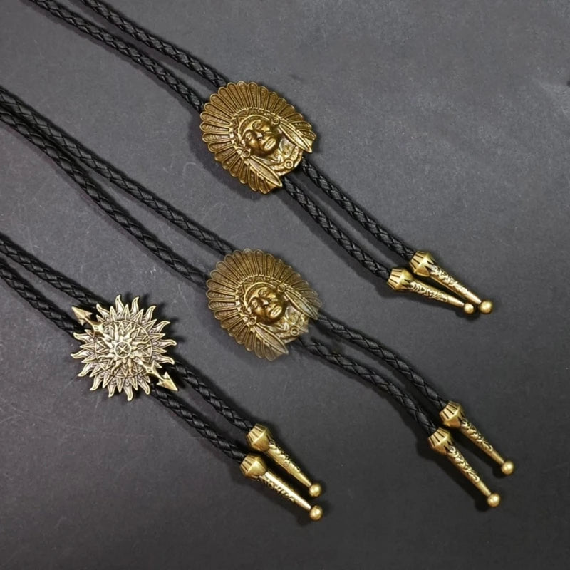 Unisex Metal Pendant Bolo Tie Western Leather Cord Adjustable Necktie Necklace