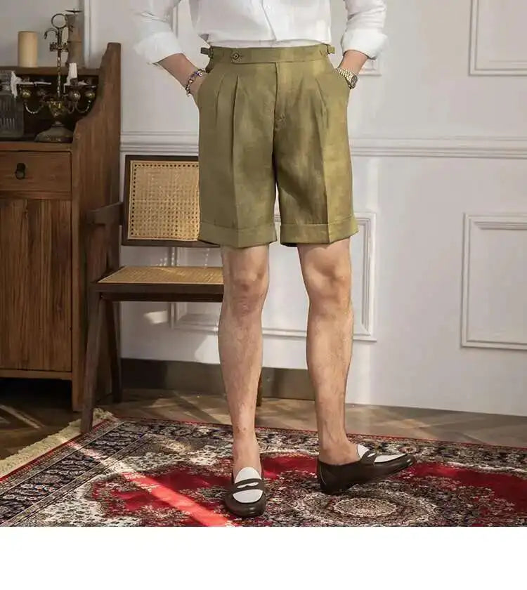 100% Linen Summer Straight Naples Shorts Men Solid Color Business Dress Pants Office Social Casual Slim Fit Shorts