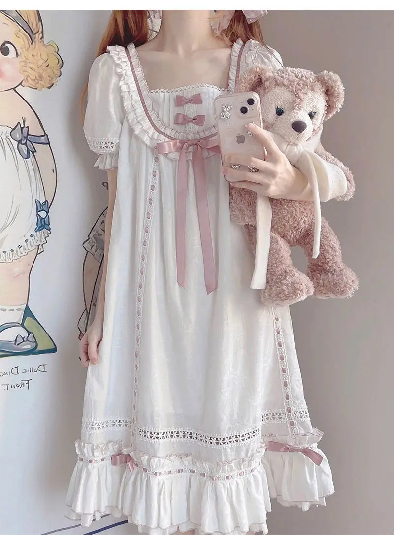Sweet Nightdress Bowknot Lace Short Sleeve Ruffles Pajamas Women's Summer Kawaii Nightgowns Pajamas Soft Girls Casual Sleepwear