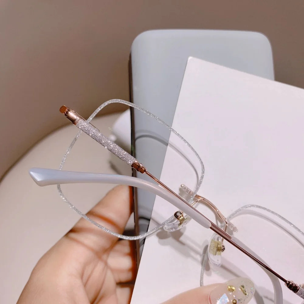 Anti Blue Light Myopia Glasses Women Eyeglasses Computer Glasses with Diopters 0 To -4.0 Shiny Rimless Frame Glasses