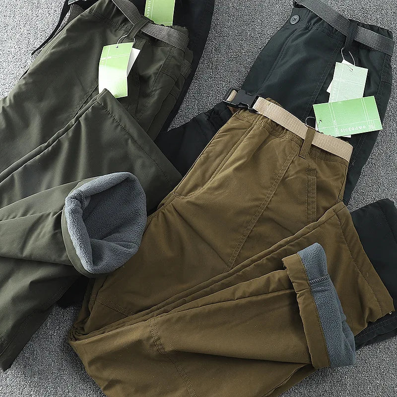 6XL Thick Waterproof Warm Fleece Cargo Pants Men Winter Outdoor Plus Velvet Multi-pockets Loose Straight Casual Overall Trousers