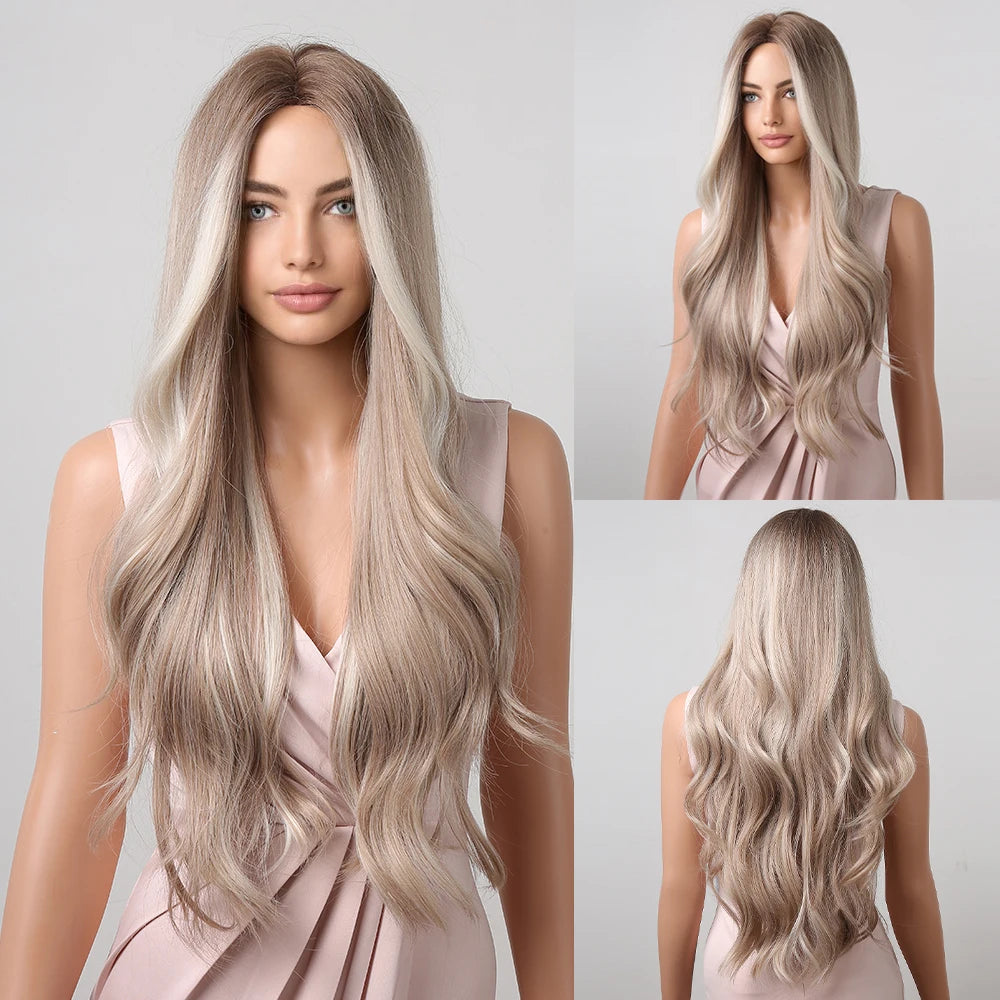 ALAN EATON Long Wave Dark Brown Synthetic Wigs for Black Women Middle Parted Wigs with Highlights Cosplay Hair Heat Resistant