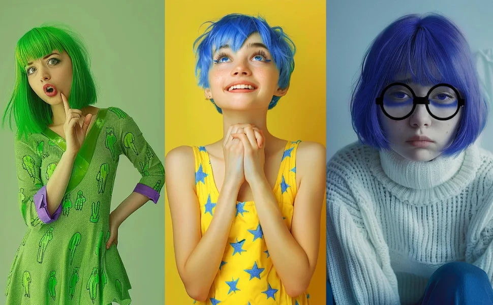 Synthetic Blue Sadness Wig【+Wig Cap+Glasses】Short Blue Bob Wigs Cosplay Wig Women Straight Blue Wig Costume Outfit Halloween