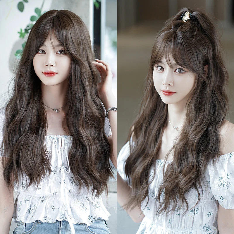 7JHH WIGS Body Wavy Wig Long Loose Curly Brown Wig for Women Daily Use High Density Synthetic Layered Hair Wigs with Bangs
