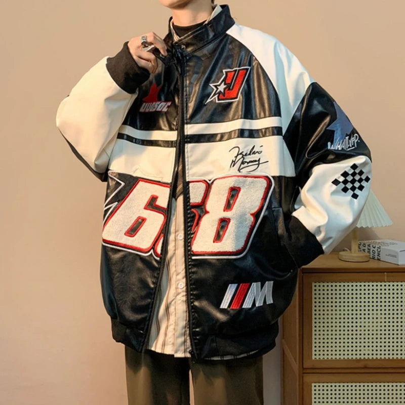 Gmiixder American Hip-hop Racing Coat Motorcycle Leather Jacket Men's Flocked Embroidery Loose Casual Windproof Punk Vibe Jacket