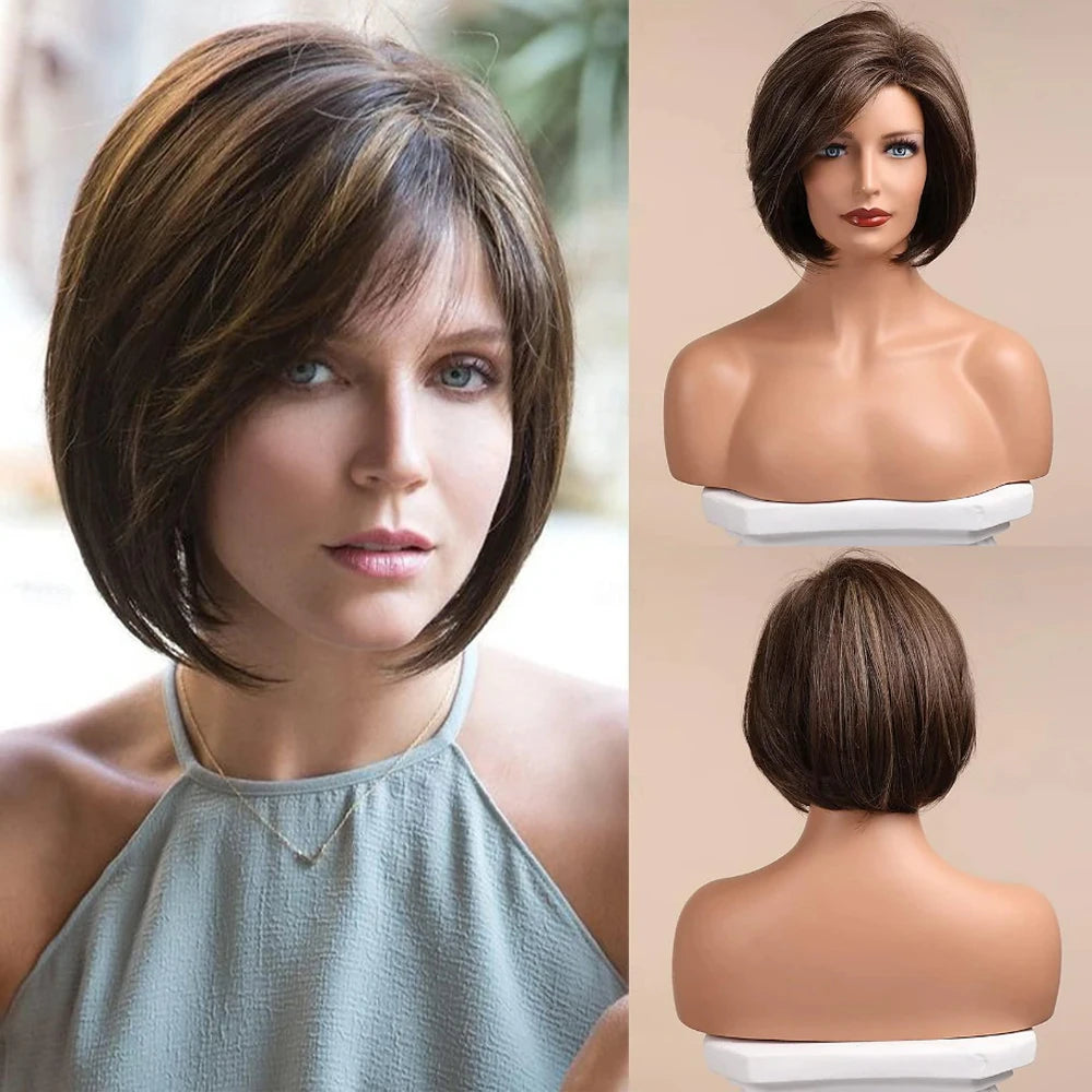HAIRJOY  Synthetic Hair Brown Bob Wig Short Hair Wigs for Women Highlight Mixed Blonde Heat Resistant Fibre Synthetic Wig