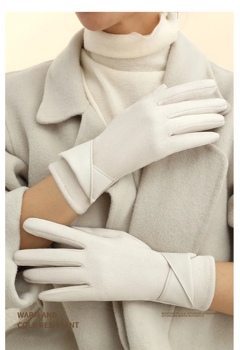 New Suede Gloves for Women Winter Plus Velvet Warm Commercial Style Temperament Bow Touch Screen Riding Driving