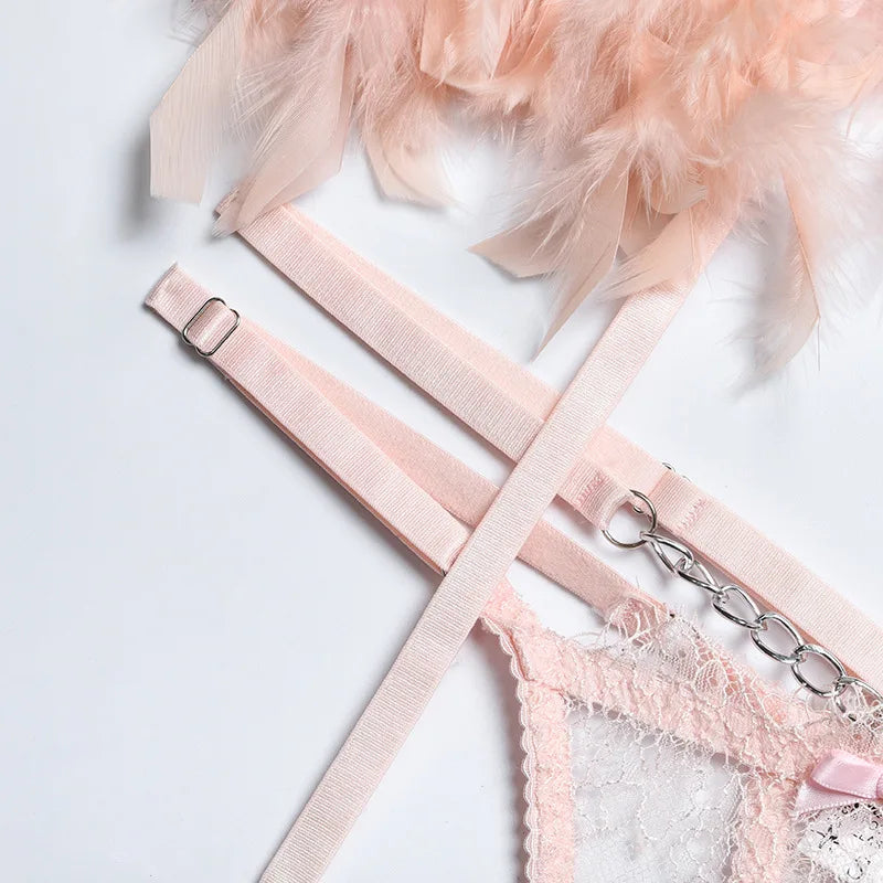 Feathers Transparent Bra Lingerie Set Sexy Underwear Women Body Chain Lace Exotic Set Luxury Intimate See Through Bra and Panty