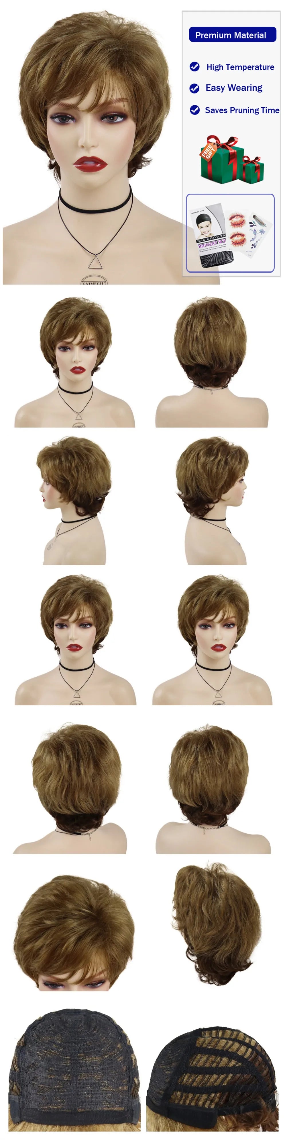 Old Lady Synthetic Hair Blonde Wig with Bangs Natural Short Wig for White Woman High Temperature Blond Ombre Mommy Wig for Daily