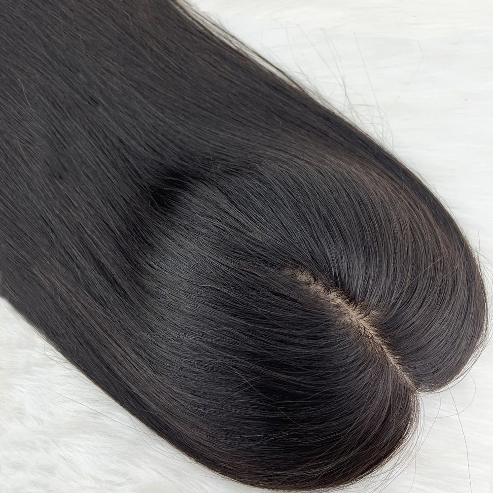 11x13cm Dark Brown Human Hair Topper Silk Base Hand Tied Silk Top Toupee Breathable Remy Hair Piece with Clips in for Women