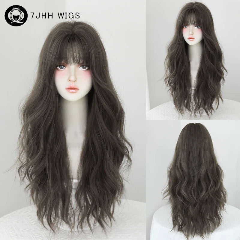 7JHH WIGS Loose Body Wavy Brown Hair Wigs with Neat Bangs High Density Synthetic Fashion Wave Wig for Women Natural Looking