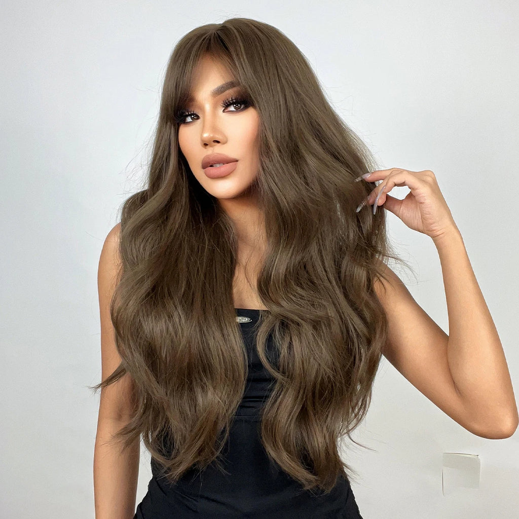 Brown Long Wavy Wig with Bangs Synthetic Natural Wave Hair Wigs for Black Women Afro Cosplay Party Daily Heat Resistant Fibre
